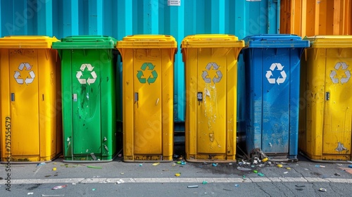 A vibrant array of yellow, green, and blue recycling bins stands prominently against a clear blue sky, each labeled for plastic, paper, and glass respectively. The bins, positioned side by side photo