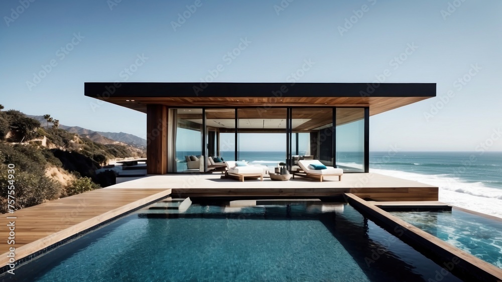 Luxurious beachfront residence featuring a private rooftop infinity pool with panoramic views of the Pacific Ocean in Malibu, California Luxurious beachfront residence featuring a private rooftop infinity pool with panoramic views of the Pacific Ocean in Malibu, California