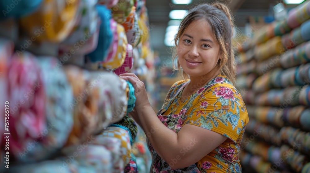 A warehouse worker with Down syndrome meticulously restocking shelves with new fabric shipments, her concentration and satisfaction in organizing the inventory visible