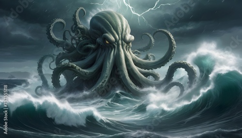 A thrilling image of the Sea Monster rising from the depths of the ocean its colossal tentacles reaching towards the surface creating chaos on the water's surface