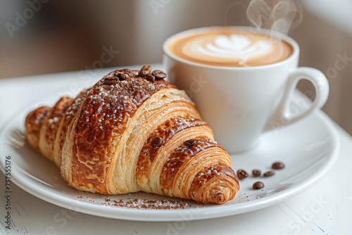 Croissants and coffee are a staple for hungry mornings. As soon as you wake up, you will be charged with energy to spend the day full of wonderful vitality. breakfast and coffee concept.