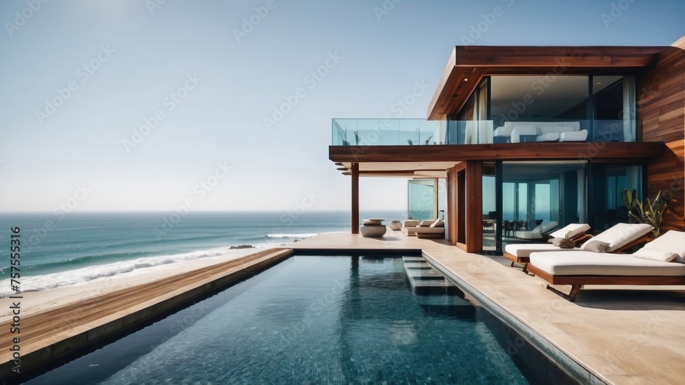 Obraz premium Luxurious beachfront residence featuring a private rooftop infinity pool with panoramic views of the Pacific Ocean in Malibu, California