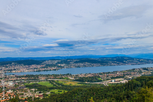 Aerial panorama of Zurich city and Lake Zurich from the Uetliberg mountain, Switzerland © olyasolodenko