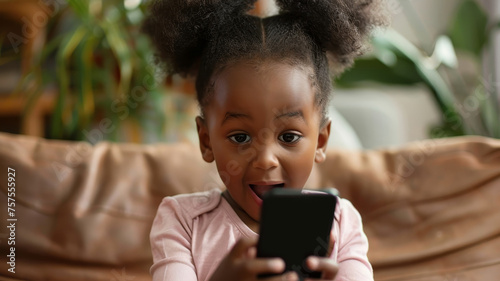  African American little girl looking at the screen of the phone browsing content, modern gadgets concept. © Tanuha