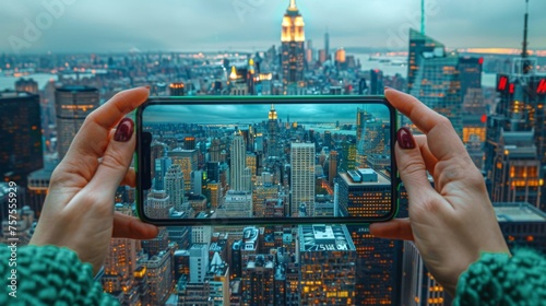 A woman's hands holding a smartphone with a green screen, capturing a selfie with the city's iconic skyline in the background, blending personal memories with the bustling urban landscape