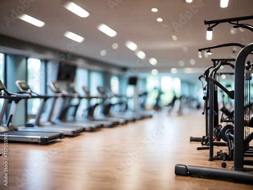 Blurred image of a spacious fitness center with gym equipment, generative AI
