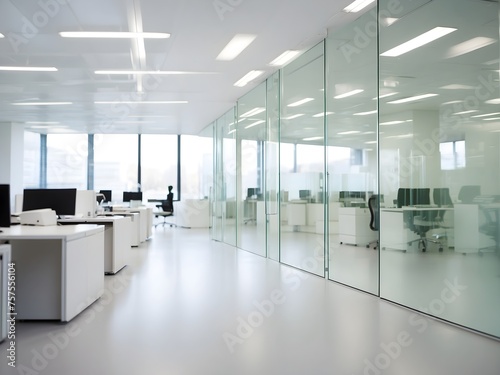 Blurred image of an ultra-modern office interior with glass partitions, generative AI