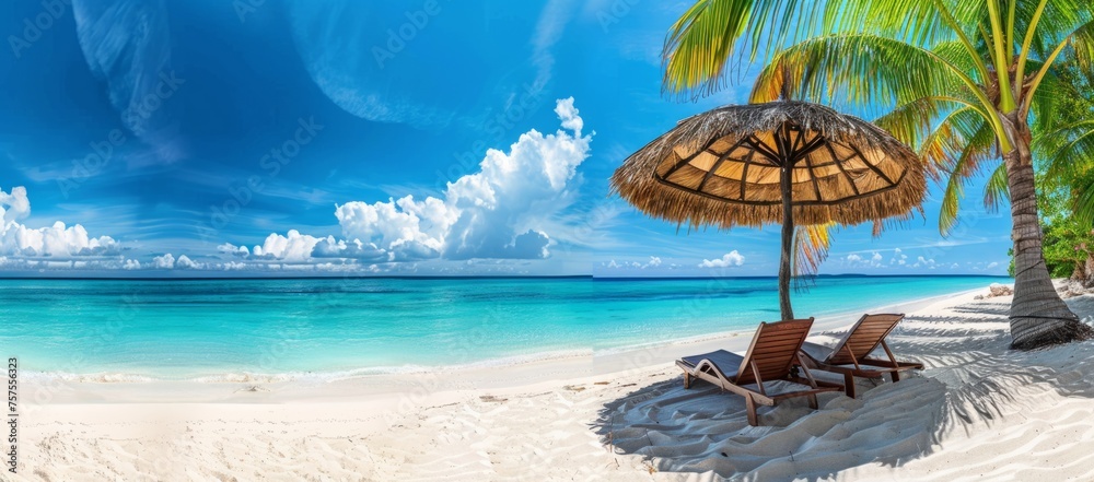 tropical beach with palm trees and two sunbeds under a straw umbrella on the white sand Generative AI