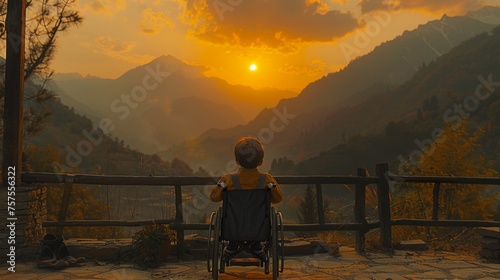 A young boy in a wheelchair positioned at the edge of a forest clearing, raising his hands towards the setting sun, as the last light of day casts golden hues over