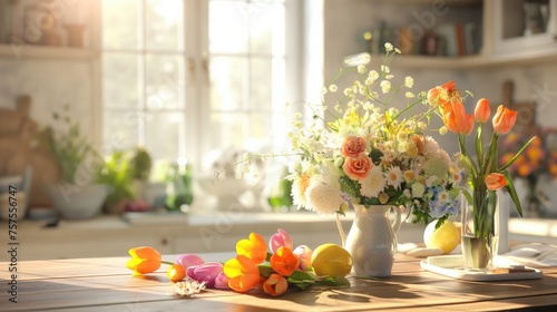 Easter festivities with a vibrant table adorned with spring flowers in a sunlit April kitchen, offering abundant space for text overlays.