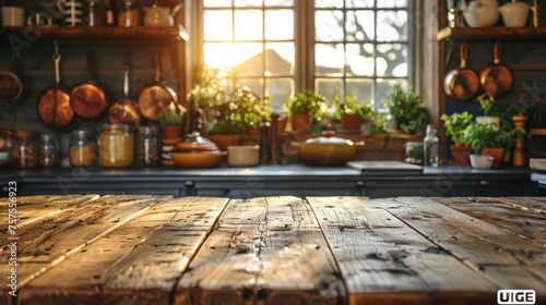 An aged wooden table, bearing the marks of time and use, stands in a homely kitchen. The blurred pots and pans in the background evoke a sense of daily life, making it an ideal