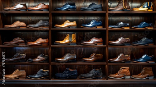An array of sleek, modern footwear ranging from formal shoes to casual sneakers, neatly lined up in a contemporary shoe store, each pair presenting a blend of comfort and style for discerning customer