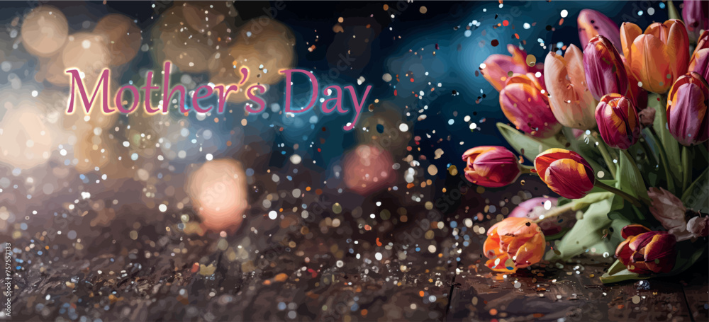 Happy Mother's Day card with place for text, postcard template. Festive bouquet of pink tulips with sparkles and confetti on a dark background. Greeting card template with a bouquet of spring flowers