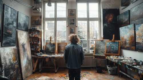 An artist's studio flooded with natural light, canvases in various states of completion, paint tubes scattered, and a focused painter at work