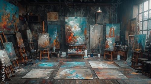 An artist's studio flooded with natural light, canvases in various states of completion, paint tubes scattered, and a focused painter at work © Алексей Василюк