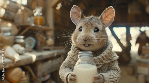 a close up of a person holding a bottle of milk with a rat wearing a scarf around it's neck.