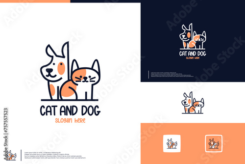 friendly cat and dog , cartoon , cute style , logo design template.