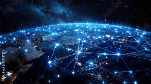 Communication technology for internet business. Global world network and telecommunication on earth cryptocurrency and blockchain and IoT. Elements of this image furnished by NASA - generative ai