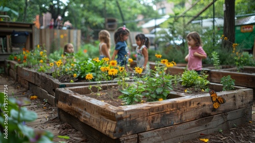 Wallpaper Mural An educational tour for school children through a series of wooden raised beds in an urban garden, their faces alight with curiosity as they learn about pollinators, plant cycles Torontodigital.ca