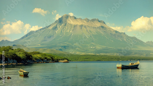 a group of small boats floating on top of a lake next to a large mountain covered in clouds and greenery.