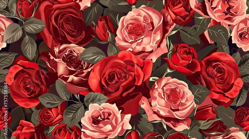 a seamless background adorned with natural red roses, exuding romance and elegance in every petal. SEAMLESS PATTERN