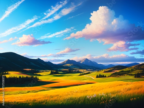 Beautiful view of a meadow against the background of mountains and blue sky with clouds