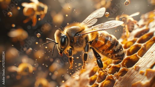 An up-close view captures flying bees and a wooden beehive.