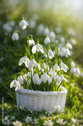 A white basket filled with snowdrops sits in a field . The sun shines on the flowers, creating a warm glow.