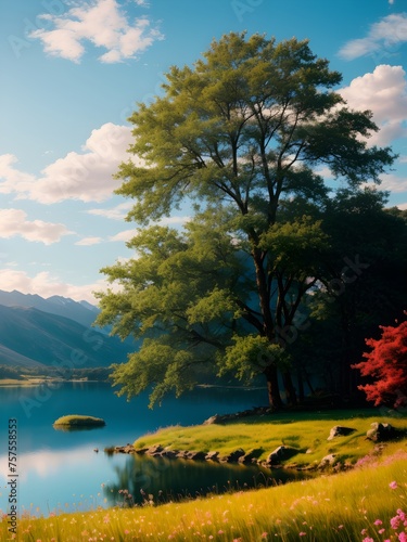 Beautiful view of a meadow with a pond against the background of mountains and blue sky with clouds