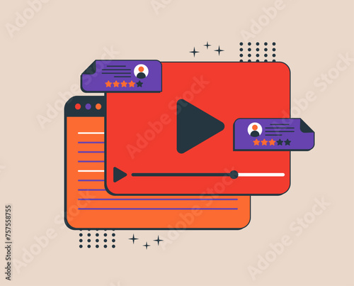 Illustration depicting an internet or web video player, complete with rating stars and messages. This vector illustration is suitable for use in UI, web banners, and mobile apps.