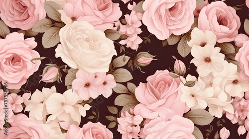 a seamless background embellished with delicate pink roses, evoking feelings of grace and charm. SEAMLESS PATTERN
