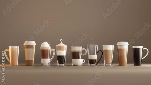 An assortment of coffee served in different cups, perfect for a coffee break or coffee time. photo