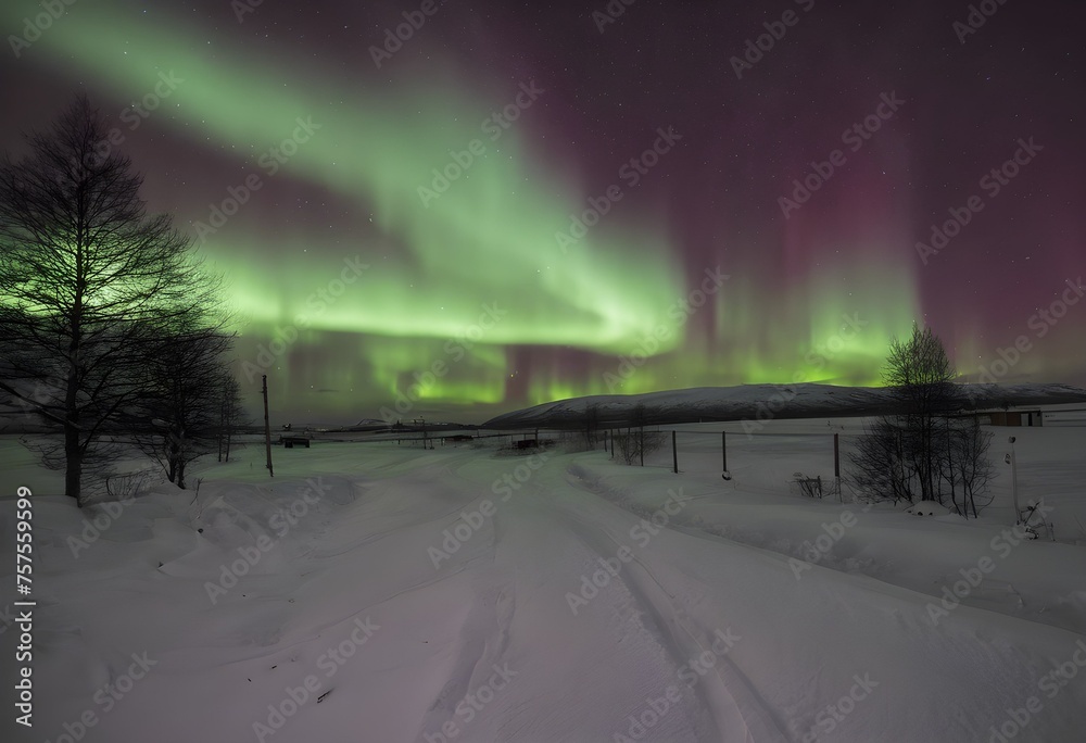 A view of the Northern Lights in the winter
