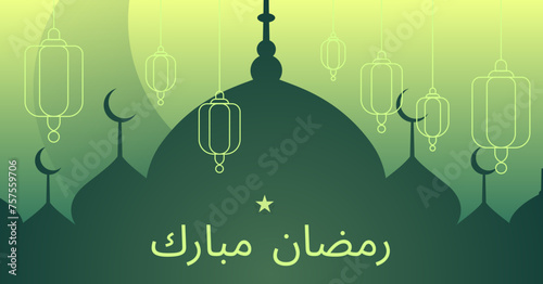Flat Ramadan kareem islamic greeting card. crescent moon with mosque for Ramadan Karim and Eid Mubarak. Gold crescent moon pattern, lanterns, stars, night deep green background. Vector illustration. 
