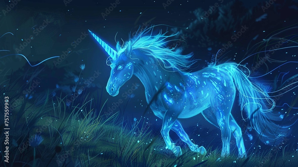 A bioluminescent unicorn with a glowing horn