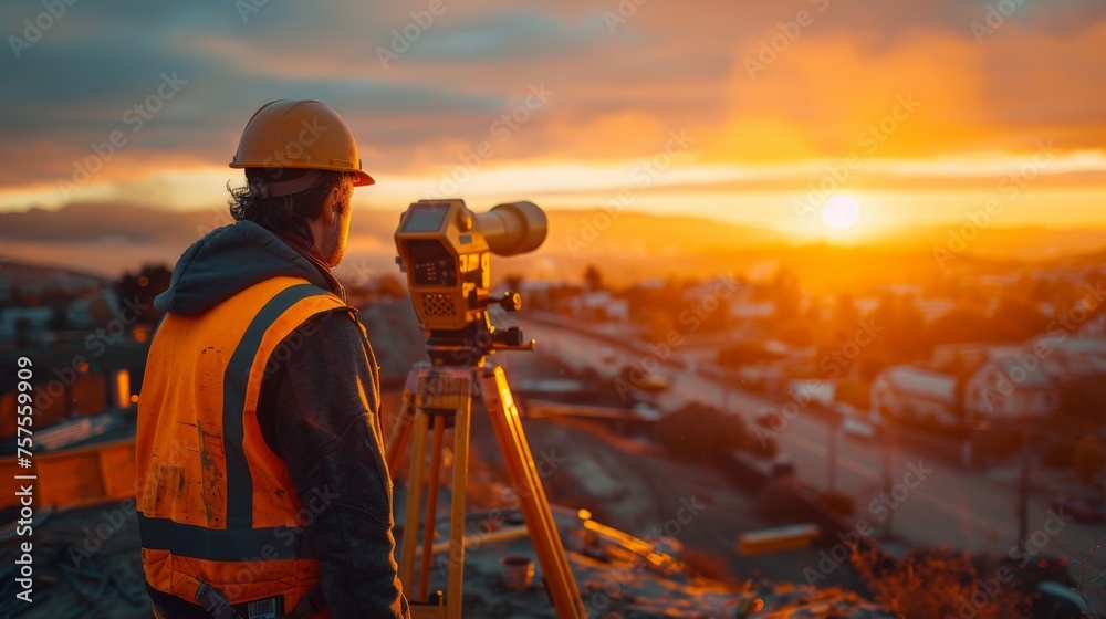 Early morning light casts a golden hue on a surveyor telescope positioned at the edge of an active construction site - obrazy, fototapety, plakaty 