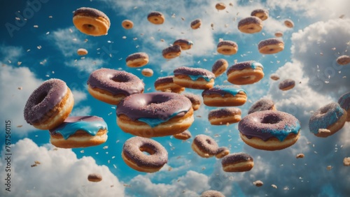 glazed donut with sprinkles flying in sky 