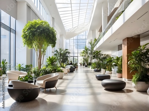An expansive, sunlit atrium of a modern office building, with lush indoor plants and seating areas for relaxation, generative AI