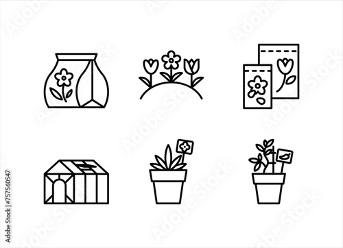 Gardening icons. Horticulture theme - fertilizers, seeds, flower bed, greenhouse, seedlings, flower pots. Floriculture and a cultivation concept. Simplicity shape of icons, thin stroke, editable line