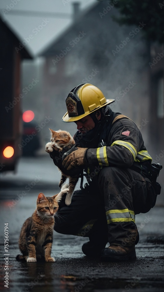 Fototapeta premium A fireman saves a pet.
