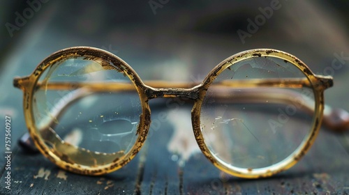 A brown framed pair of eyeglasses rests on a blue table. The eyeglasses lack prescription lenses.