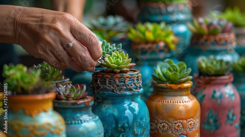 Hands finishing the planting of a succulent in a jar that has been transformed with lace and pastel paints, with the final product being placed among a collection of similarly adorned jars