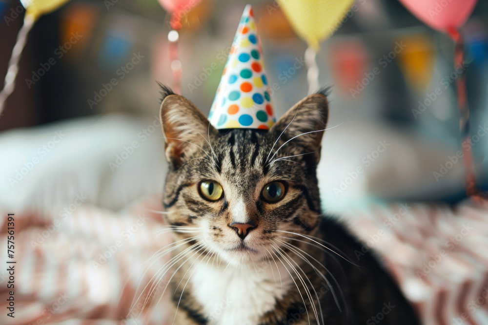 Party animal: A striped cat sports a vibrant birthday hat, embodying festive cheer. Party animal: A striped cat sports a vibrant birthday hat, embodying festive cheer.