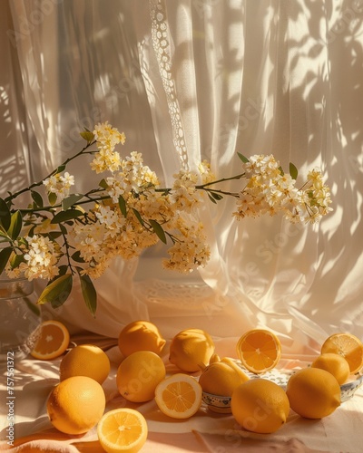a bunch of lemons sitting on top of a table next to a vase filled with flowers and lemons. photo
