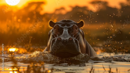 Golden Splash: Hippopotamus at Sunset