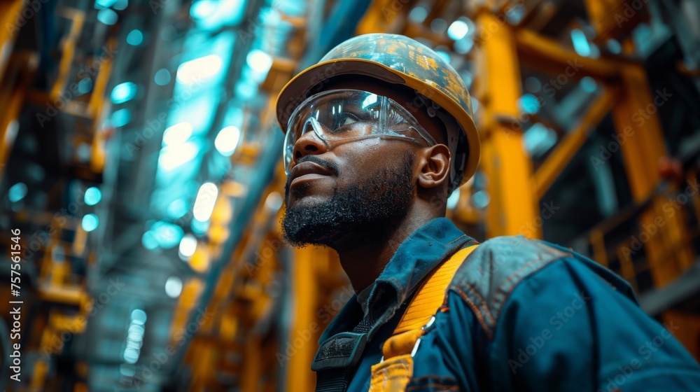 High above the ground, a skilled worker wearing a full safety harness inspects the integrity of the roof structure. The worker's focused expression is visible High above the ground, a skilled worker wearing a full safety harness inspects the integrity of the roof structure. The worker's focused expression is visible