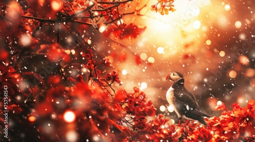 a bird sitting on a branch of a tree with red flowers in the foreground and a bright light in the background. photo