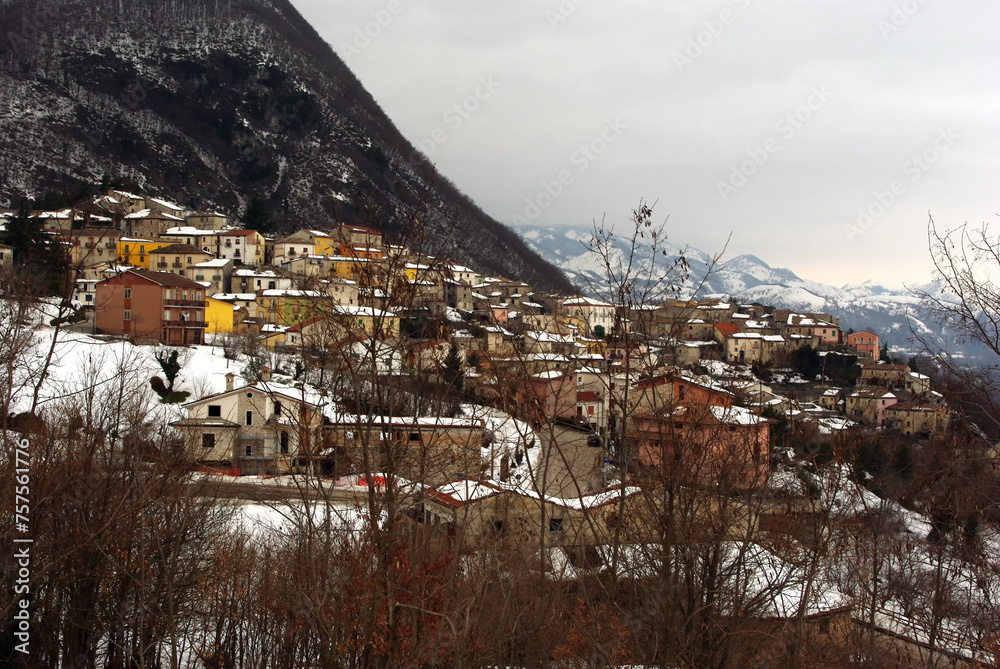 The characteristic village of Guardiaregia (Molise) after a snowfall.