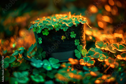 Conceptual image of traditional Irish top hat for St. Patrick's day celebration. Copy space, background.