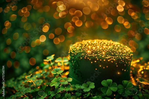 Conceptual image of traditional Irish top hat for St. Patrick's day celebration. Copy space, background.
